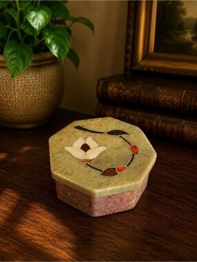 Vintage Hand-Carved Stone & Mother of Pearl Inlaid Floral Trinket Jewelry Box